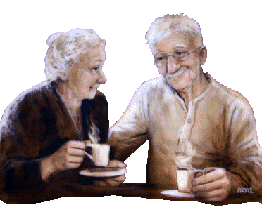 Babcia i dziadek pijący kawę